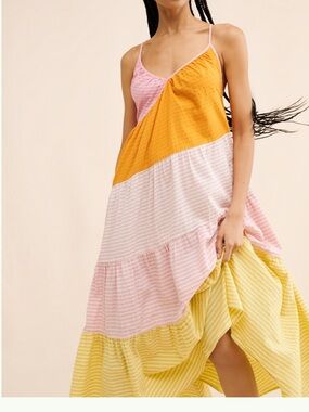 Free People Colorblock Tiered Maxi Dress in Pink, Mustard and Yellow